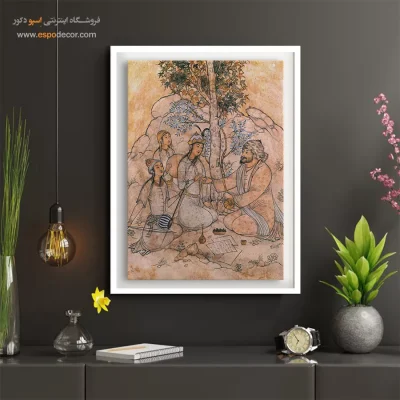 نگارگری سنتی ایرانی - پیرمرد و نوازندگان – تابلو نقاشی های حسین بهزاد - اسپو دکور