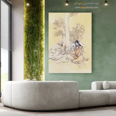 خرید تابلو با سبک نگارگری - زن جوان با سه تار – تابلو نقاشی های حسین بهزاد - اسپو دکور
