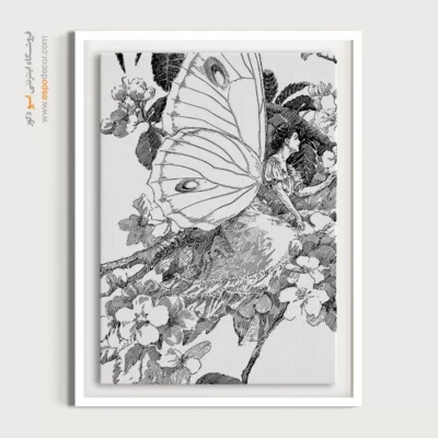 تابلو طرح گل و پروانه - بال‌های شکوفه – تابلو سیاه و سفید - اسپو دکور