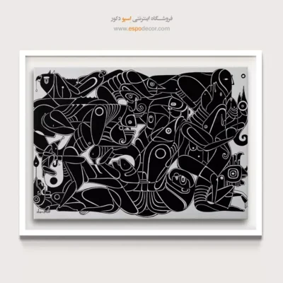 تابلو نقاشی خطی انتزاعی - رقص موجودات – تابلو سیاه و سفید - اسپو دکور