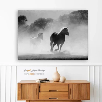 تابلو اسب وحشی سیاه سفید - آزادی در غبار – تابلو سیاه و سفید - اسپو دکور