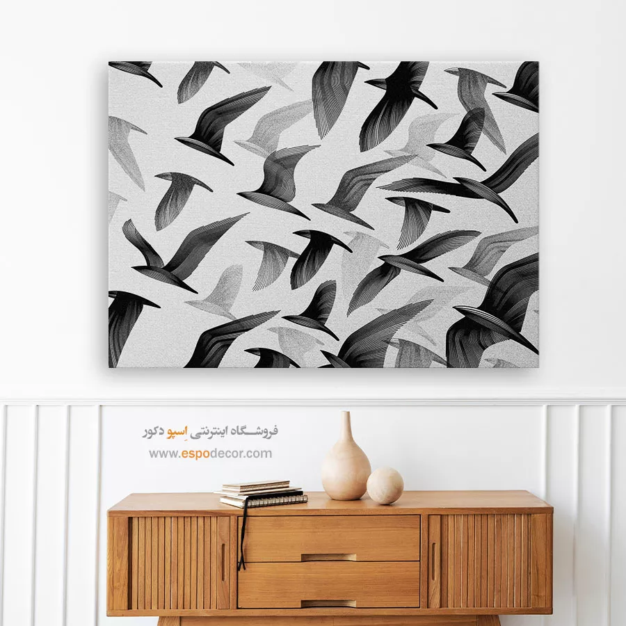 تابلو پرندگان سیاه و سفید - رقص پرندگان – تابلو سیاه و سفید - اسپو دکور