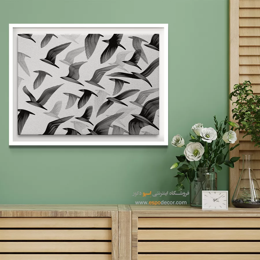 تابلو پرندگان سیاه و سفید - رقص پرندگان – تابلو سیاه و سفید - اسپو دکور