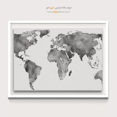 تابلو نقشه‌ جهان سیاه و سفید آبرنگی - جوهر جهان – تابلو سیاه و سفید - اسپو دکور