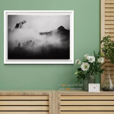 تابلو بوم طبیعت سیاه و سفید لوکس - قلمرو مه آلود – تابلو سیاه و سفید - اسپو دکور