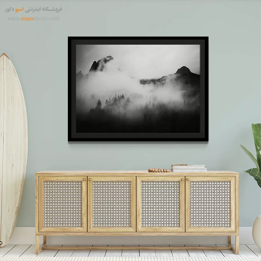 تابلو بوم طبیعت سیاه و سفید لوکس - قلمرو مه آلود – تابلو سیاه و سفید - اسپو دکور