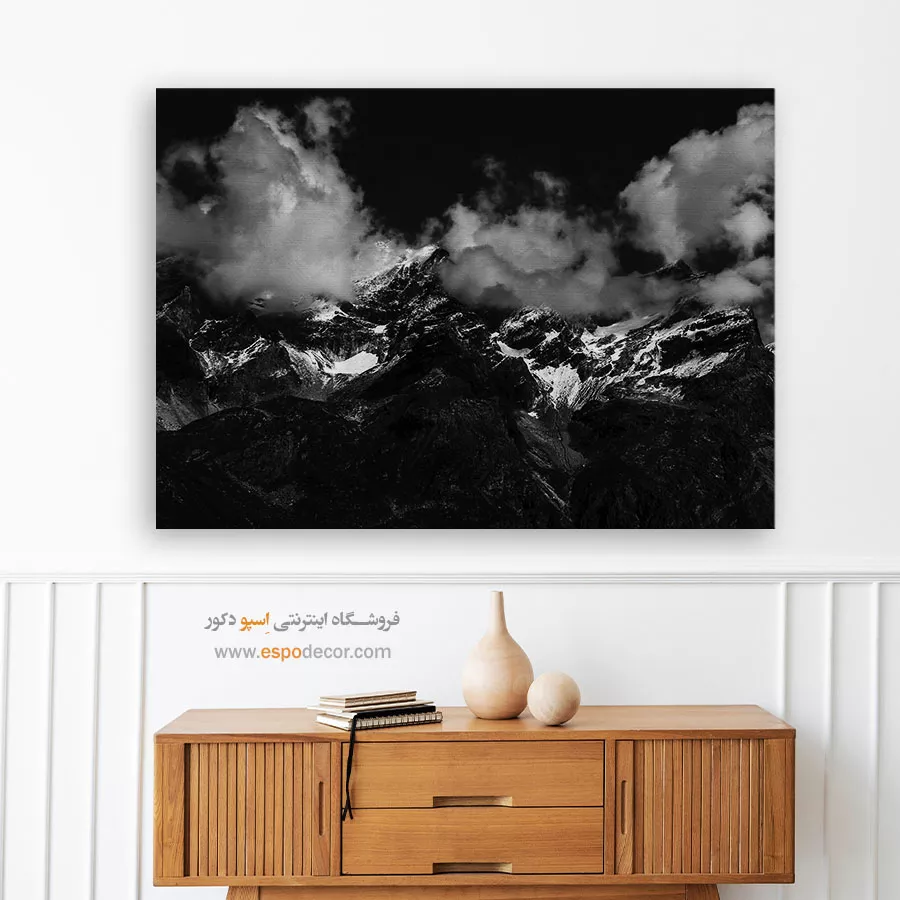 تابلو کوه برفی سیاه و سفید - تاج ابر – تابلو سیاه و سفید - اسپو دکور