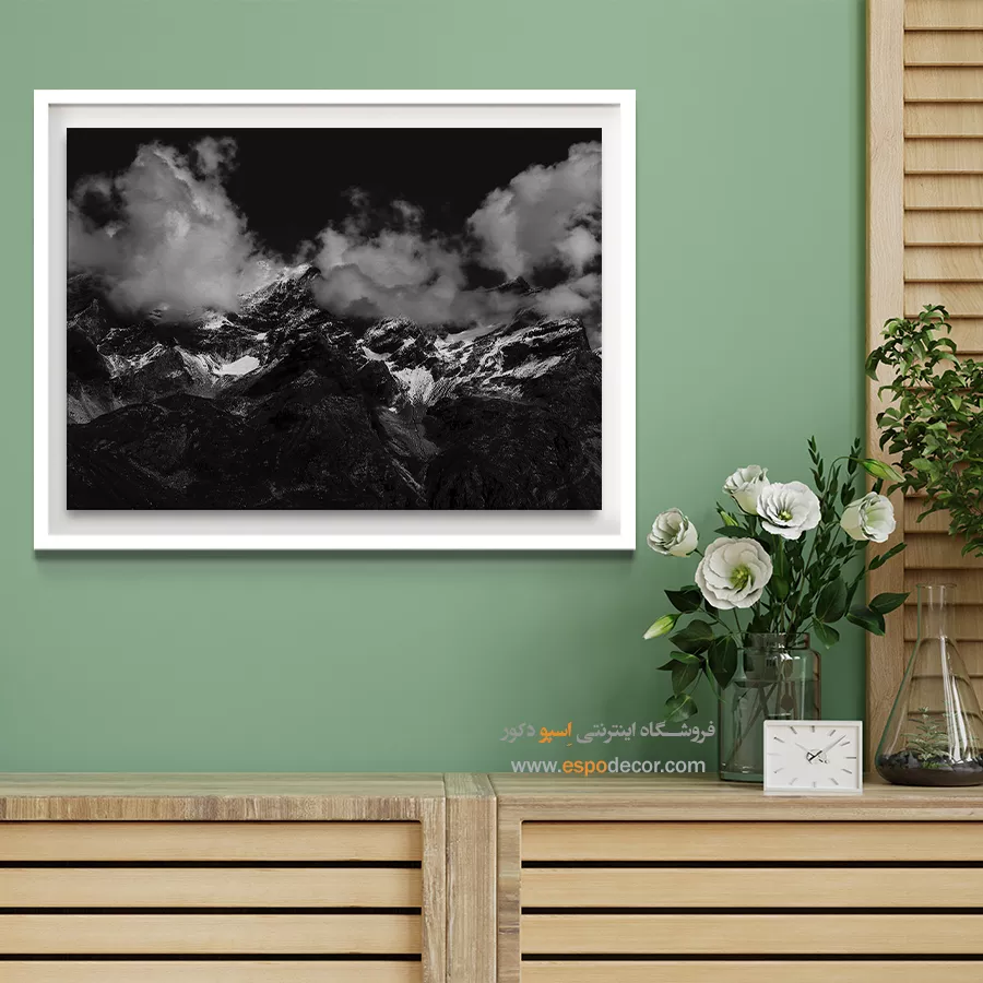 تابلو کوه برفی سیاه و سفید - تاج ابر – تابلو سیاه و سفید - اسپو دکور