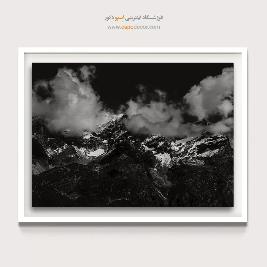 تابلو کوه برفی سیاه و سفید - تاج ابر – تابلو سیاه و سفید - اسپو دکور