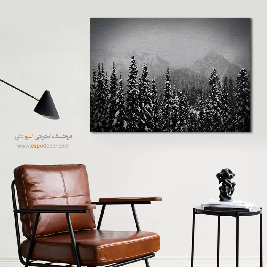 تابلو منظرهی زمستانی سیاه و سفید - دیوار برفی کاجها – تابلو سیاه و سفید - اسپو دکور