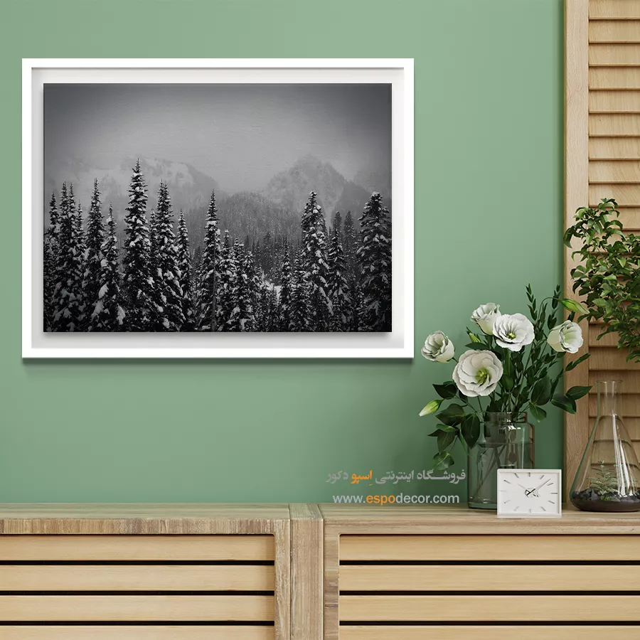 تابلو منظرهی زمستانی سیاه و سفید - دیوار برفی کاجها – تابلو سیاه و سفید - اسپو دکور