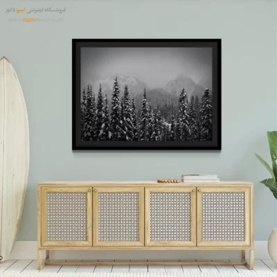 تابلو منظرهی زمستانی سیاه و سفید - دیوار برفی کاجها – تابلو سیاه و سفید - اسپو دکور