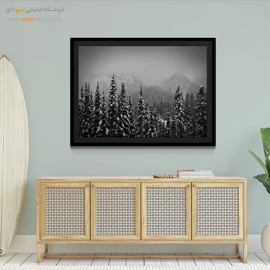 تابلو منظرهی زمستانی سیاه و سفید - دیوار برفی کاجها – تابلو سیاه و سفید - اسپو دکور