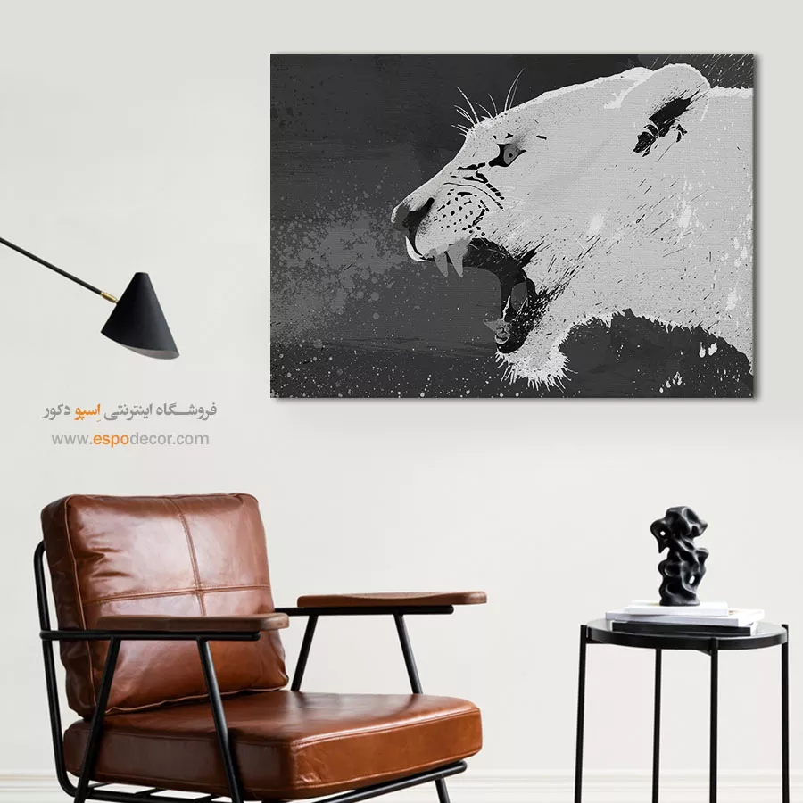 تابلو نقاشی شیر سیاه و سفید - غرش – تابلو سیاه و سفید - اسپو دکور