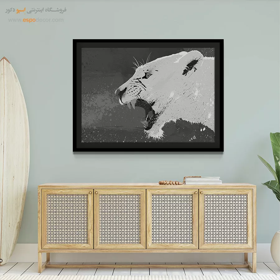 تابلو نقاشی شیر سیاه و سفید - غرش – تابلو سیاه و سفید - اسپو دکور