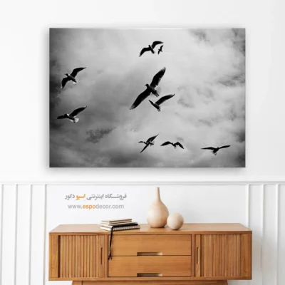 تابلو پرندگان سیاه و سفید - رقص میان ابرها – تابلو سیاه و سفید - اسپو دکور
