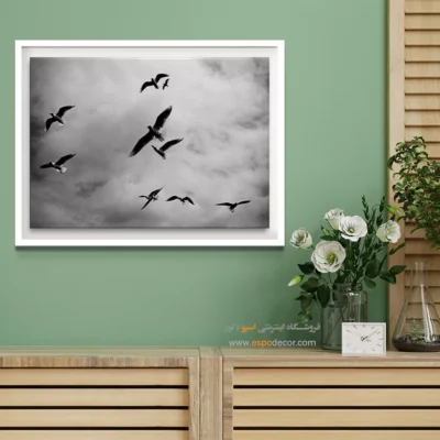تابلو پرندگان سیاه و سفید - رقص میان ابرها – تابلو سیاه و سفید - اسپو دکور