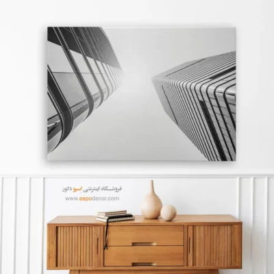 خرید تابلو برای دکوراسیون دفتر کار - رقص دو آسمان‌خراش – تابلو سیاه و سفید - اسپو دکور
