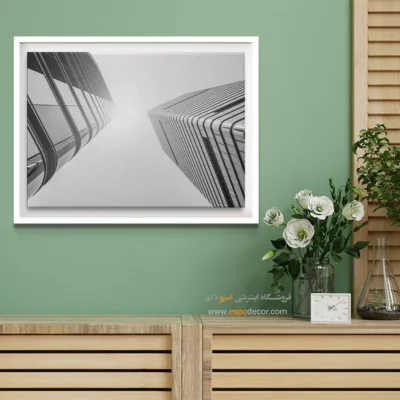 خرید تابلو برای دکوراسیون دفتر کار - رقص دو آسمان‌خراش – تابلو سیاه و سفید - اسپو دکور