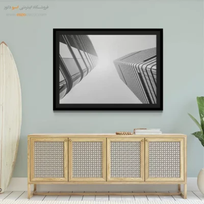 خرید تابلو برای دکوراسیون دفتر کار - رقص دو آسمان‌خراش – تابلو سیاه و سفید - اسپو دکور