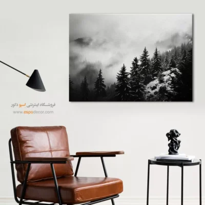 تابلو بزرگ منظره با قاب چوب - مه عمیق – تابلو سیاه و سفید - اسپو دکور