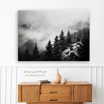 تابلو بزرگ منظره با قاب چوب - مه عمیق – تابلو سیاه و سفید - اسپو دکور