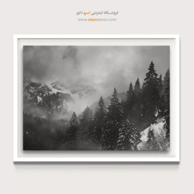 تابلو منظره برفی - خواب زمستانی جنگل – تابلو سیاه و سفید - اسپو دکور