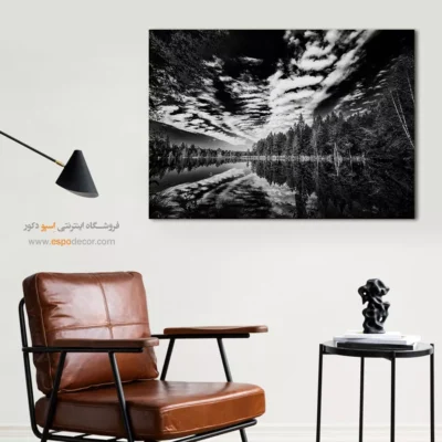 تابلو منظره دریاچه - آینه آسمان – تابلو سیاه و سفید - اسپو دکور
