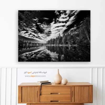 تابلو منظره دریاچه - آینه آسمان – تابلو سیاه و سفید - اسپو دکور