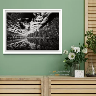 تابلو منظره دریاچه - آینه آسمان – تابلو سیاه و سفید - اسپو دکور