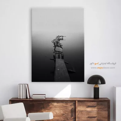تابلو منظره مه‌آلود و مینیمال - سکوت دریاچه – تابلو سیاه و سفید - اسپو دکور