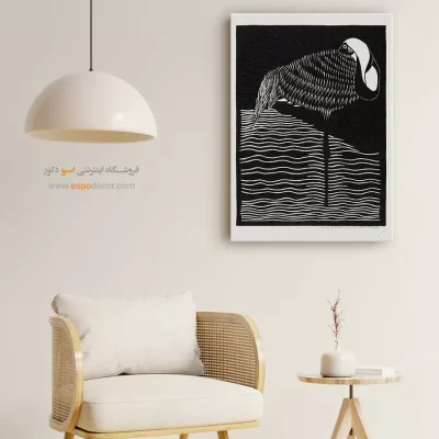خرید تابلو نقاشی مدرن - فلامینگو در آب – تابلو سیاه و سفید - اسپو دکور