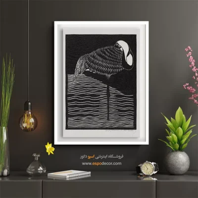خرید تابلو نقاشی مدرن - فلامینگو در آب – تابلو سیاه و سفید - اسپو دکور