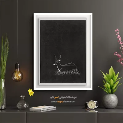 تابلو گرافیكی مینیمال - غزال در تاریکی – تابلو سیاه و سفید - اسپو دکور