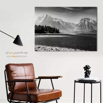 تابلو منظرهی کوه و دریاچه سیاه و سفید - دریاچه – تابلو سیاه و سفید - اسپو دکور
