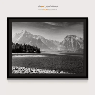 تابلو منظرهی کوه و دریاچه سیاه و سفید - دریاچه – تابلو سیاه و سفید - اسپو دکور