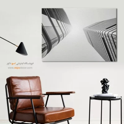 خرید تابلو برای دکوراسیون دفتر کار - رقص دو آسمان‌خراش – تابلو سیاه و سفید - اسپو دکور