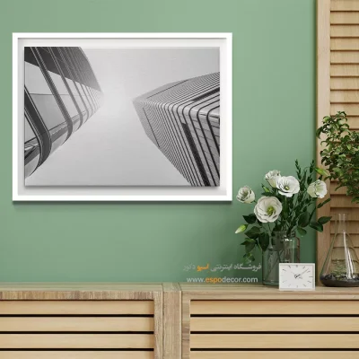 خرید تابلو برای دکوراسیون دفتر کار - رقص دو آسمان‌خراش – تابلو سیاه و سفید - اسپو دکور