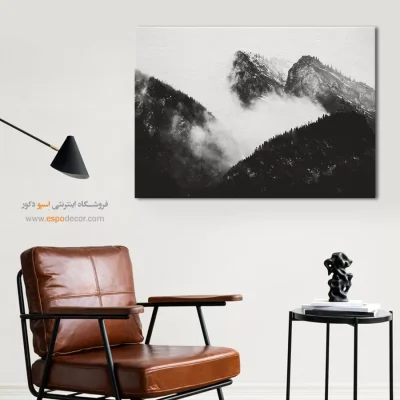 تابلو منظره کوهستانی بزرگ - در میان مه – تابلو سیاه و سفید - اسپو دکور