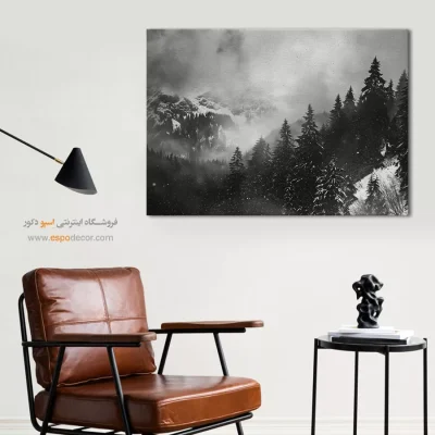 تابلو منظره برفی - خواب زمستانی جنگل – تابلو سیاه و سفید - اسپو دکور