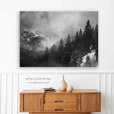 تابلو منظره برفی - خواب زمستانی جنگل – تابلو سیاه و سفید - اسپو دکور