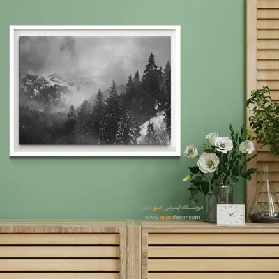 تابلو منظره برفی - خواب زمستانی جنگل – تابلو سیاه و سفید - اسپو دکور