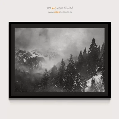 تابلو منظره برفی - خواب زمستانی جنگل – تابلو سیاه و سفید - اسپو دکور