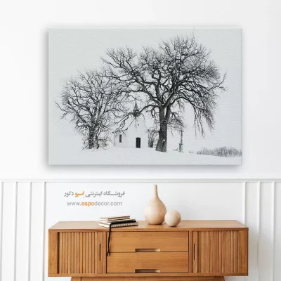 تابلو مینیمال و سفید - کلیسای برفی – تابلو سیاه و سفید - اسپو دکور
