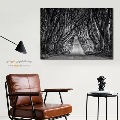 تابلو جاده جنگلی - تونل درختی – تابلو سیاه و سفید - اسپو دکور