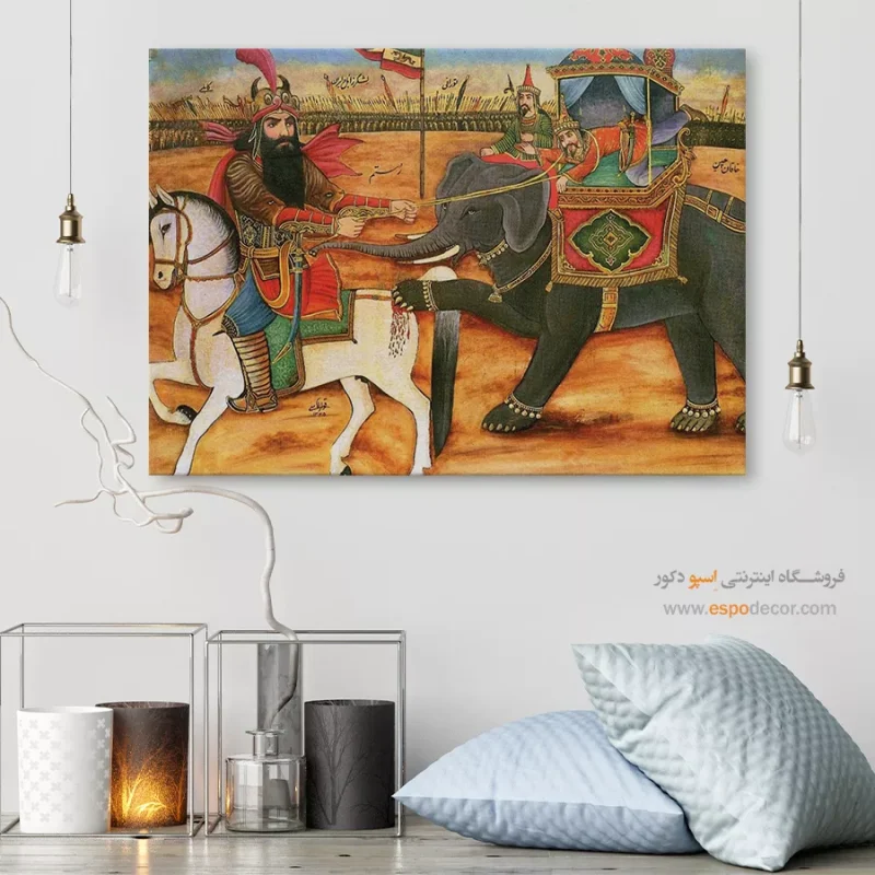 گرفتار شدن خاقان چین به کمند رستم - تابلو نقاشی قهوه خانه ای - Image 6