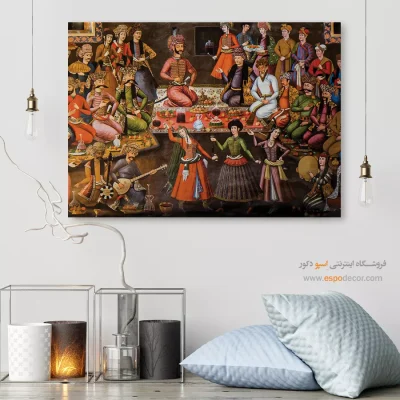 شاه عباس اول، ولی محمد خان، حاکم ازبک را به حضور میپذیرد – تابلو نقاشی قهوه خانه ای - اسپو دکور