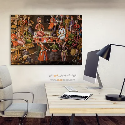 شاه عباس اول، ولی محمد خان، حاکم ازبک را به حضور میپذیرد – تابلو نقاشی قهوه خانه ای - اسپو دکور