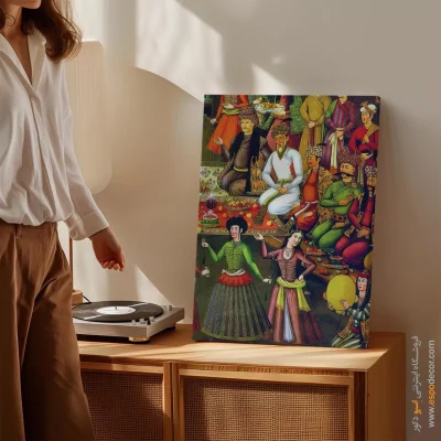 شاه عباس اول، ولی محمد خان، حاکم ازبک را به حضور می‌پذیرد – تابلو نقاشی قهوه خانه ای - اسپو دکور