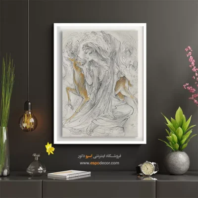 طراحی آهو، پیوند طبیعت، مهربانی، تک‌رنگ، آهوی طلایی - مطالعه 2 – تابلو نقاشی های استاد فرشچیان - اسپو دکور